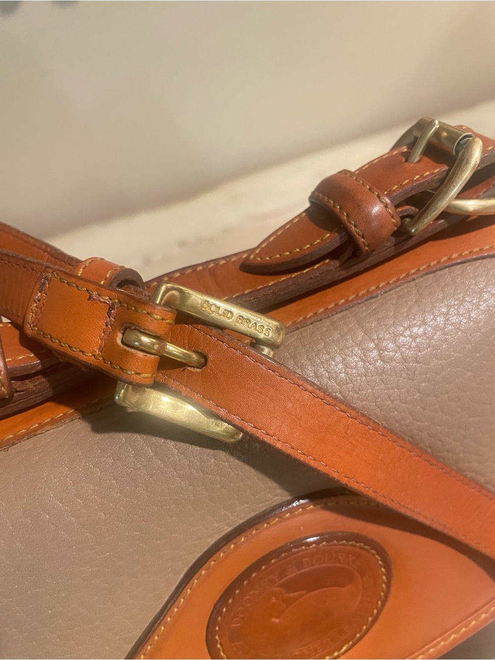 Dooney & Bourke  AWL CarrierTan and Taupe Leather Crossbody Satchel - Picture 14 of 16